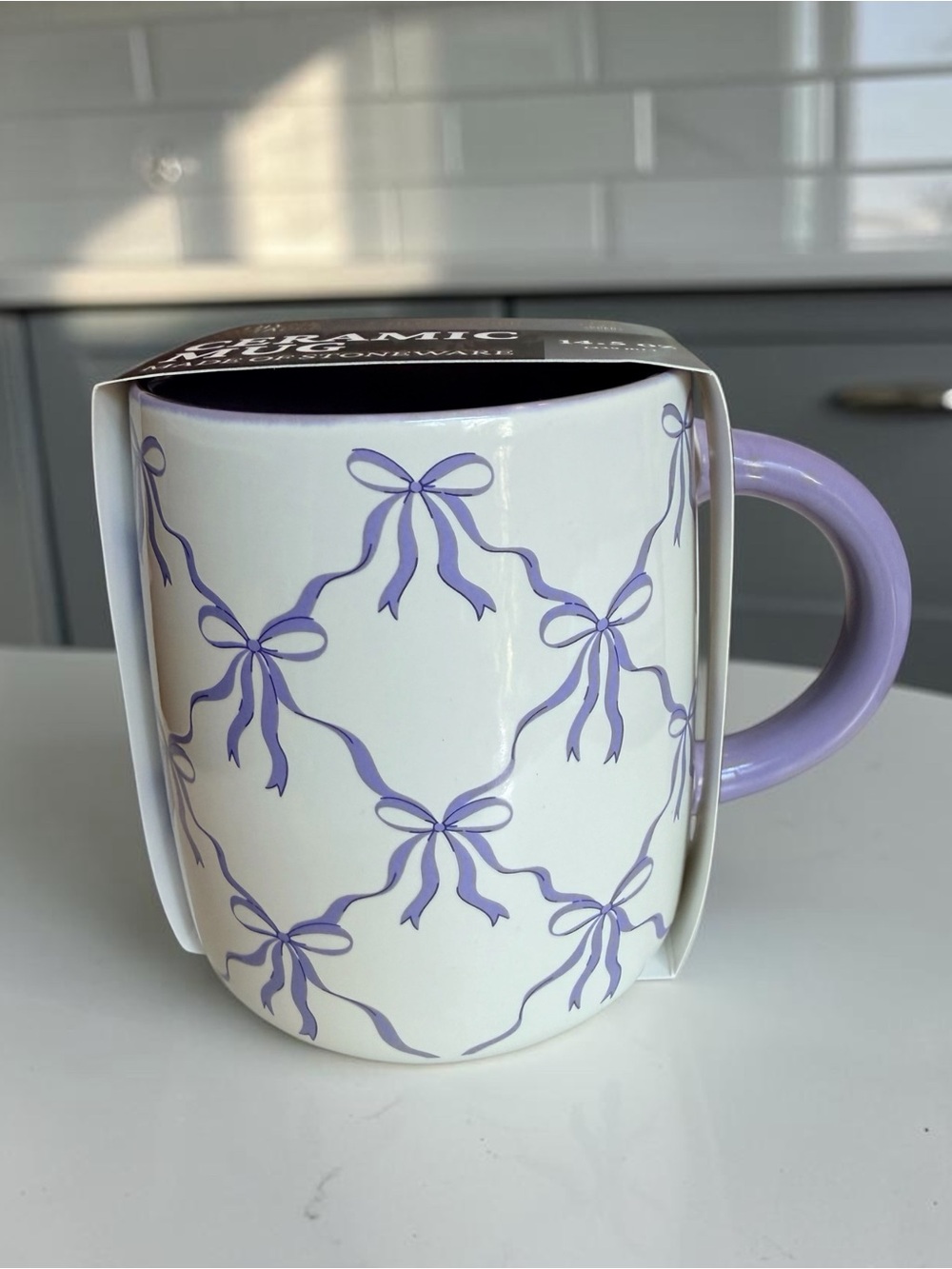 Thyme & Table Lavender/Purple Bows Ceramic Mug Made of Stoneware 14.5 oz., New